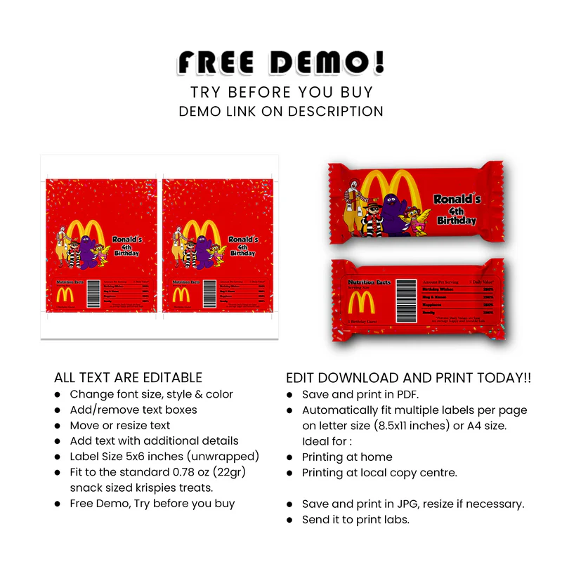 McDonalds Rice Krispies & Candy Bar Labels Personalized Snack Wraps