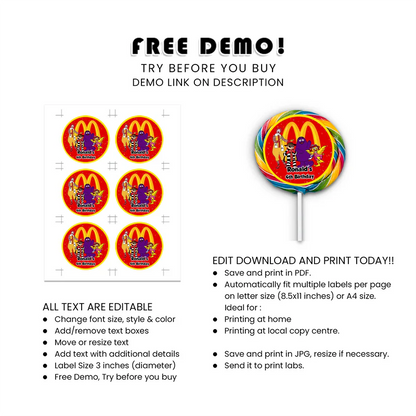 McDonalds Lollipop Labels Custom Round Stickers for Kids Party Treats