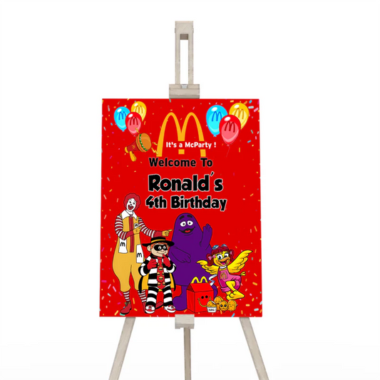 McDonalds welcome sign with personalized birthday greeting and food icons on poster board