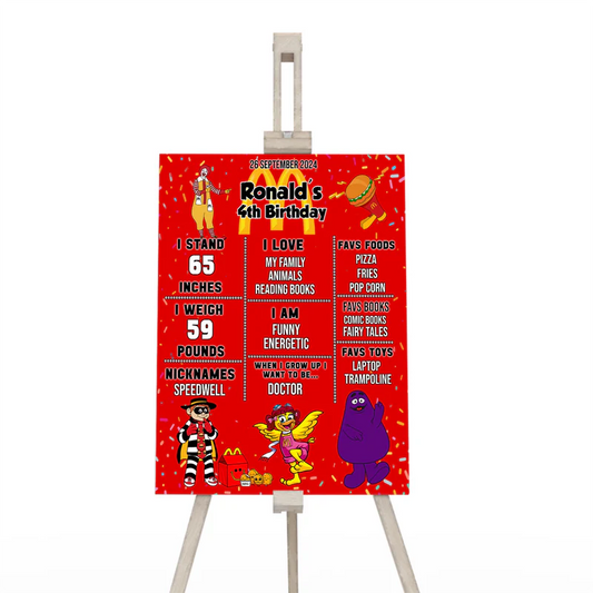 McDonalds milestone poster with fun facts and character illustrations on black chalkboard style