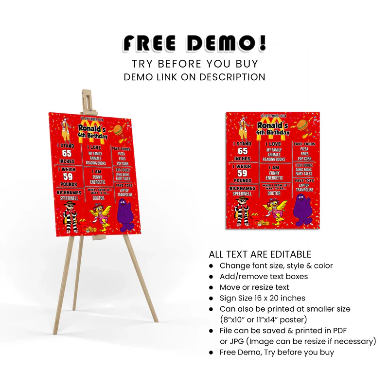 McDonalds Milestone Poster Personalized Birthday Stats Sign for Kids