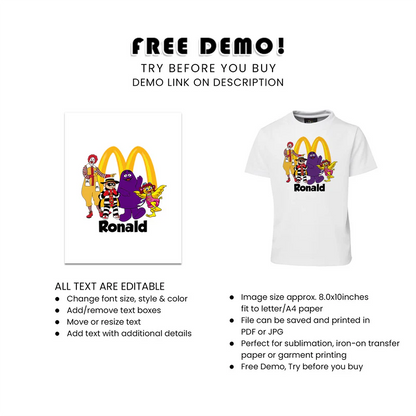 McDonalds Sublimation T-Shirt Personalized Kids Birthday Party Outfit