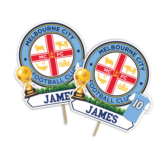 Melbourne FC personalized cake toppers with bold team design on cardstock round cut