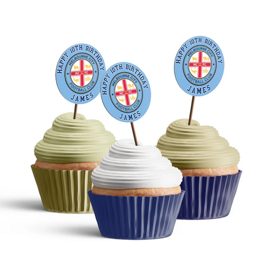 Melbourne FC cupcake toppers with round team logo design arranged in flat lay