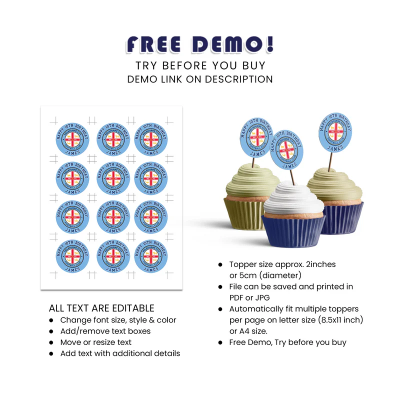 Melbourne FC Cupcake Toppers Personalized Party Set of 5