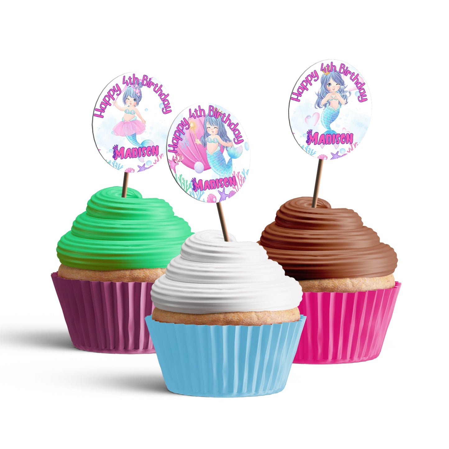 Cupcake toppers with personalized mermaid theme