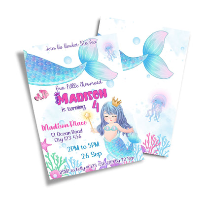 Birthday card invitations featuring personalized mermaid design