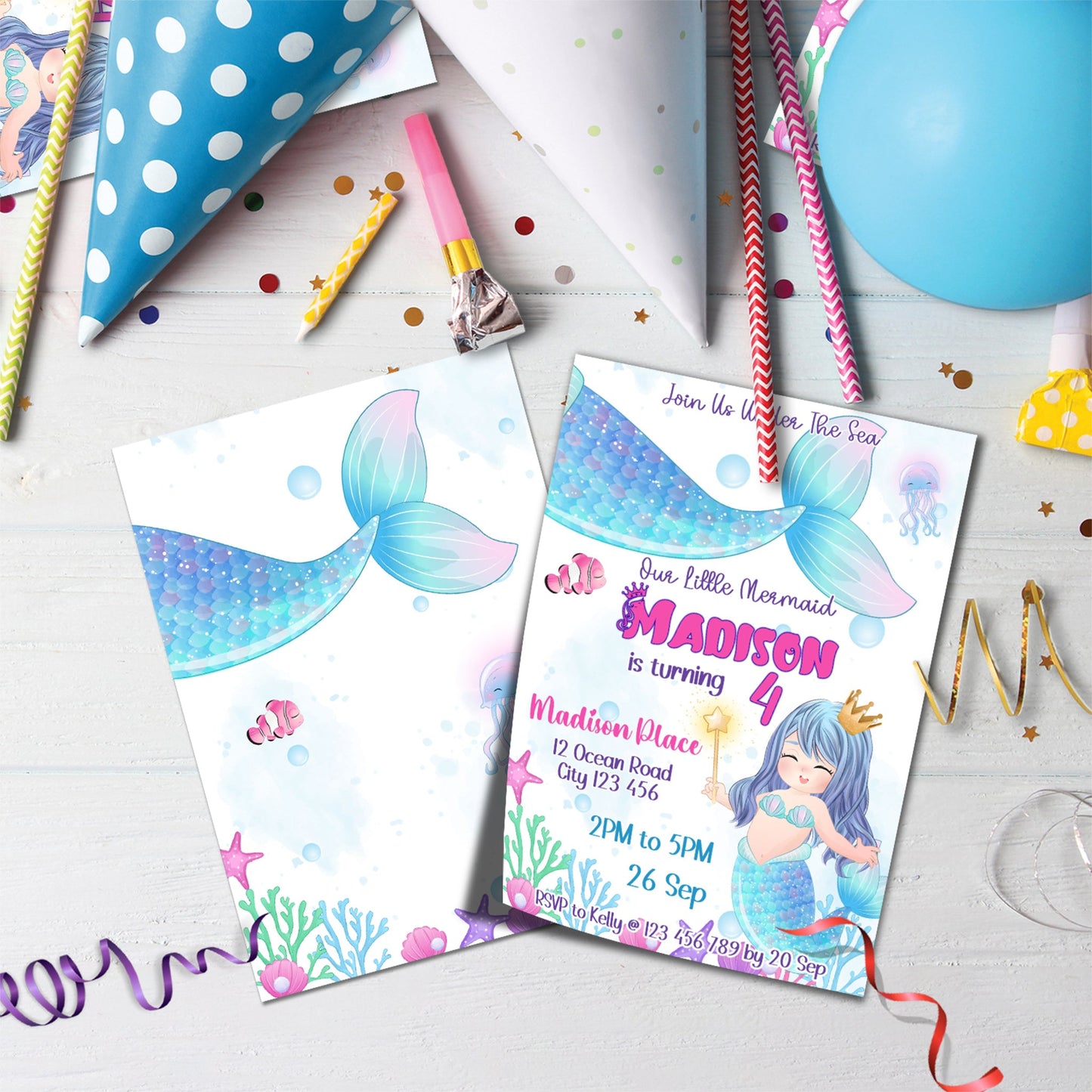 Mermaid Birthday Decorations, Mermaid Pastel Party Supplies, Mermaid Pink Themed, Ariel the Mermaid Digital Template, Editable Mermaid Image SVG PNG