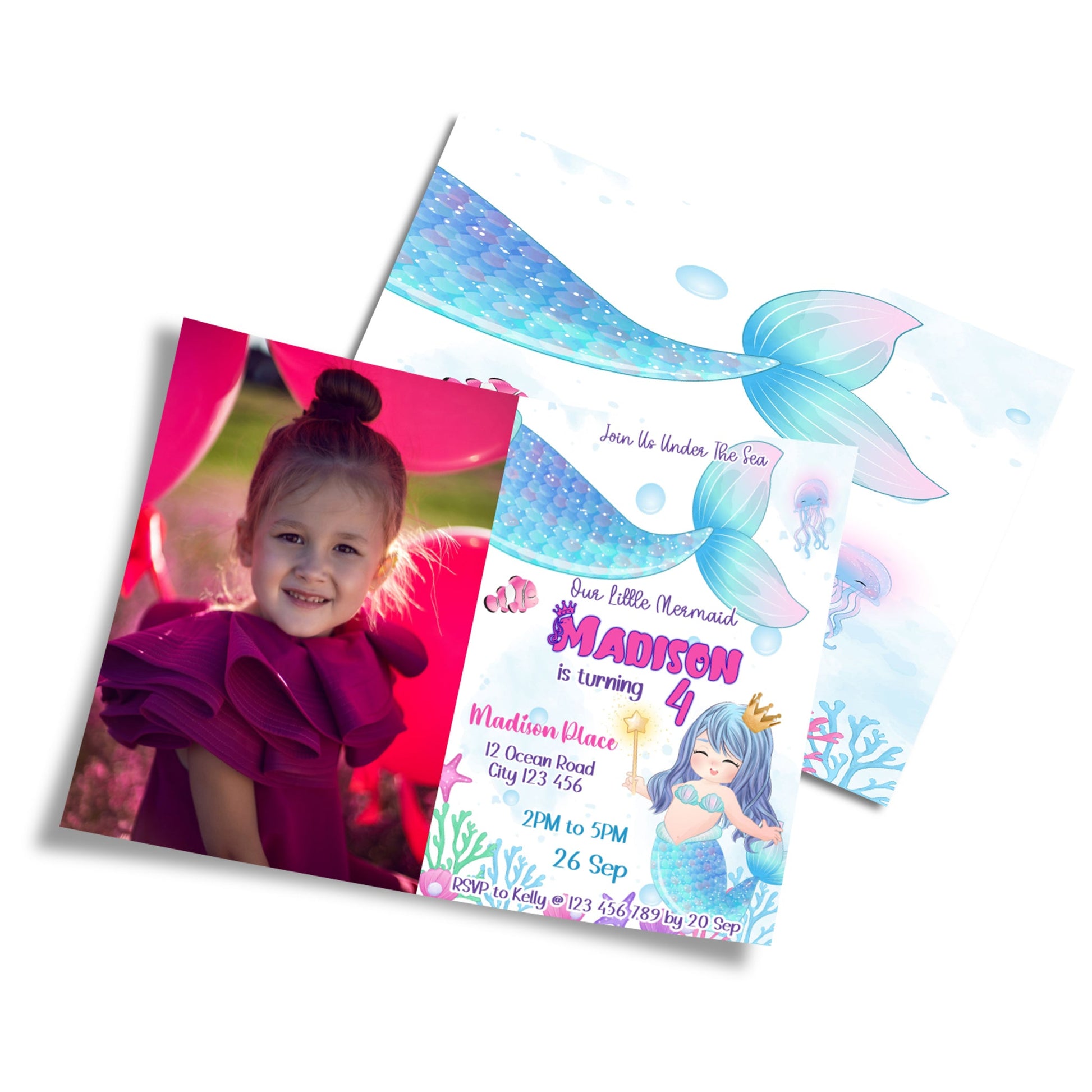 Photo card invitations with mermaid theme, personalized