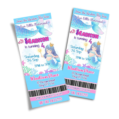 Personalized birthday ticket invitations with mermaid design