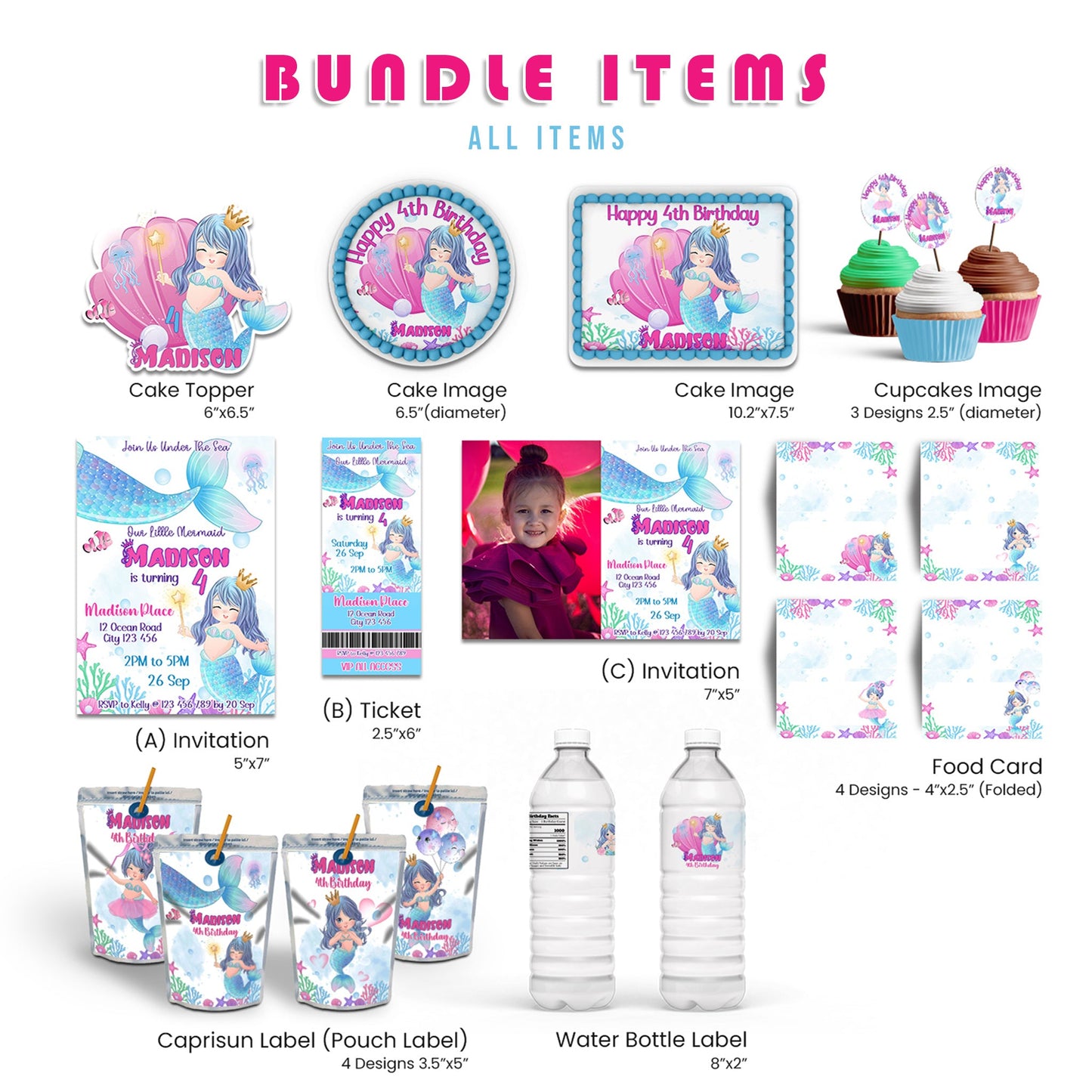 mermaid personalized digital template party pack with editable decorations for birthday celebration