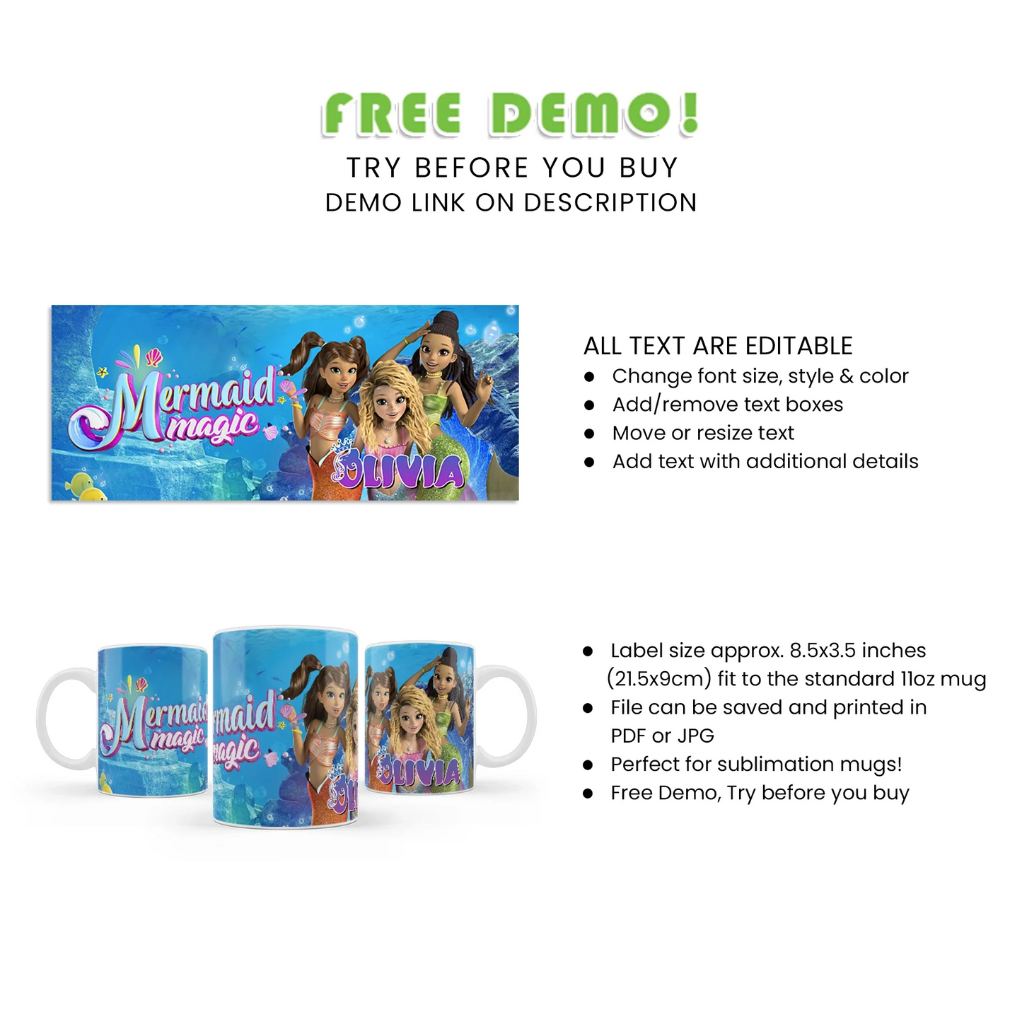 Mermaid Magic Sublimation Mug - Custom Mermaid Sublimation Mugs for Birthday Party Favors