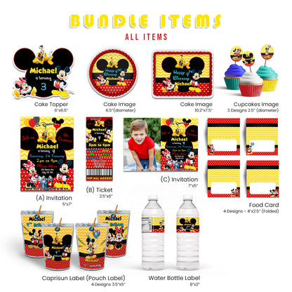 Mickey and Minnie Mouse personalized digital party pack with custom decorations and printable templates