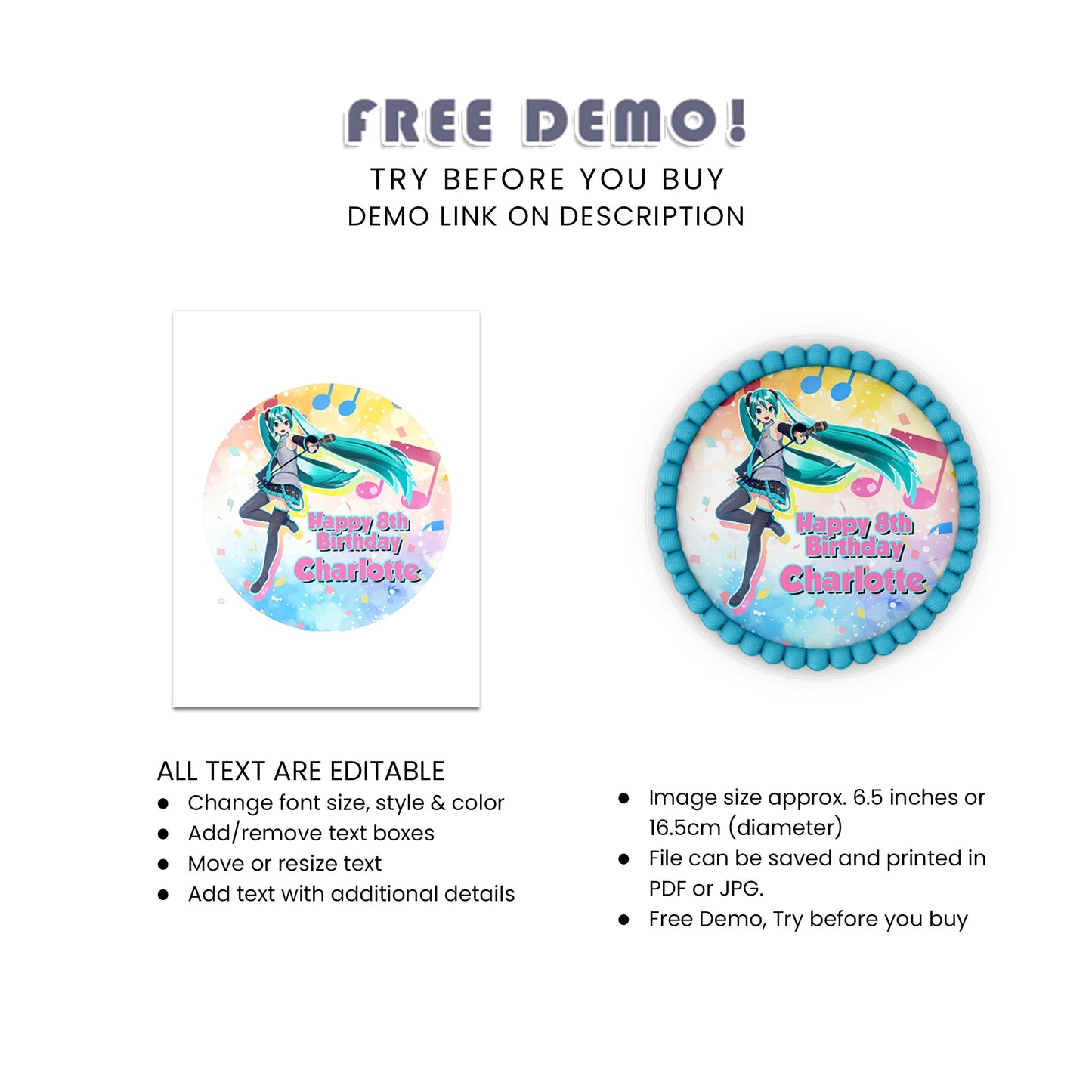 Hatsune Miku Personalized Edible Icing Sheet Cake Images - Custom Edible Cake Toppers