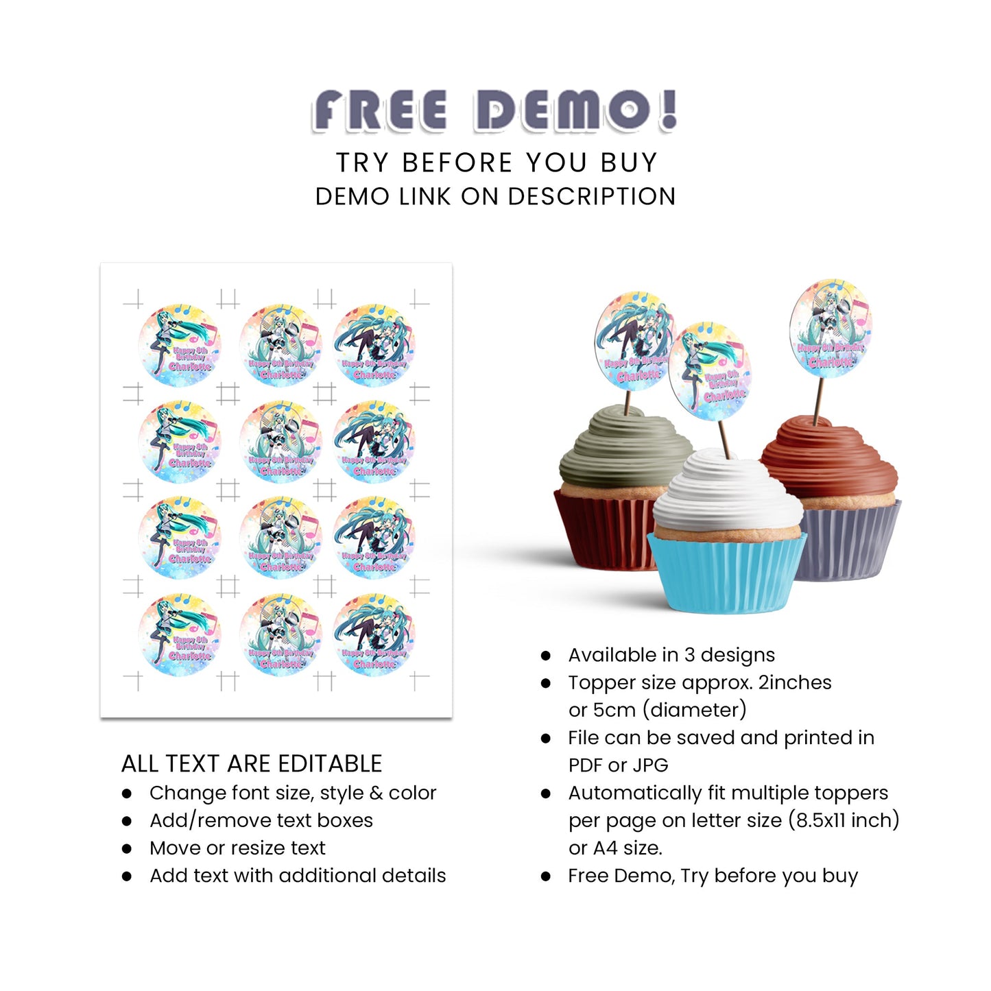 Hatsune Miku Personalized Cupcakes Toppers - Custom Cupcake Decorations for Parties