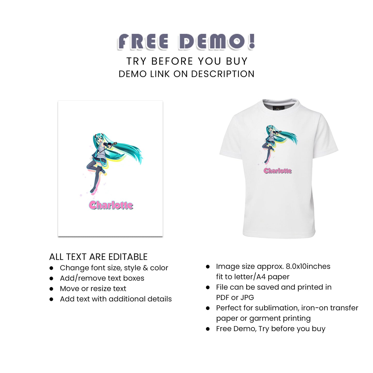 Hatsune Miku Sublimation T-Shirt - Custom T-Shirts with Hatsune Miku Designs