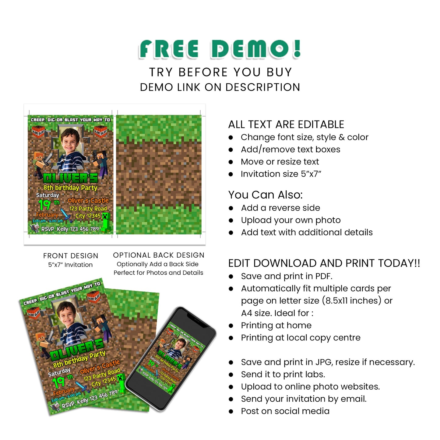 Minecraft Personalized Birthday Card Invitations : Start Your Adventure in Style