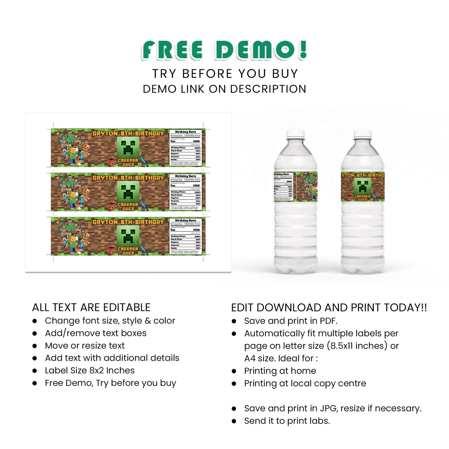 Stay Hydrated with Minecraft Water Bottle Label : A Refreshing Party F ...