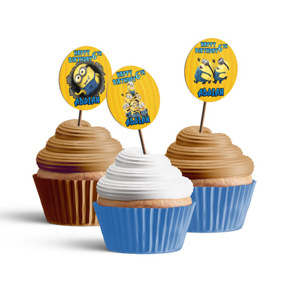 Minion themed personalized cupcakes toppers