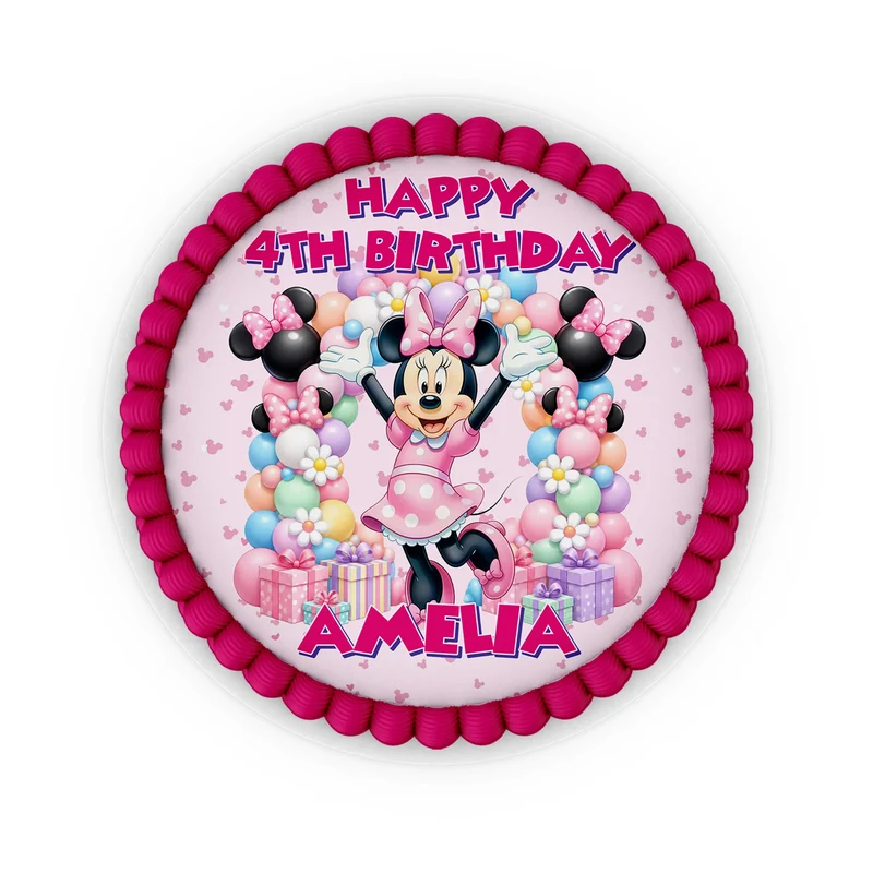Minnie Mouse edible icing cake images with colorful character illustrations placed on a frosted round cake