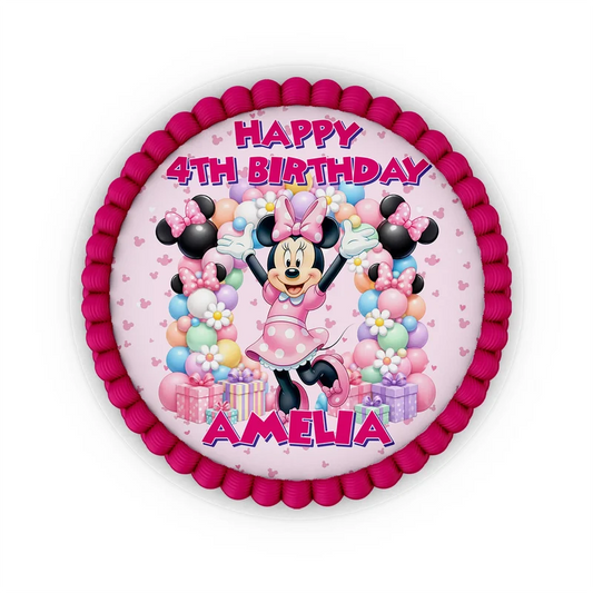 Minnie Mouse edible icing cake images with colorful character illustrations placed on a frosted round cake