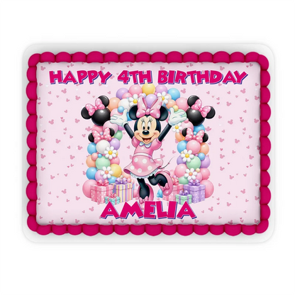 Minnie Mouse custom sheet cake images showing a vibrant birthday layout on a large rectangle cake
