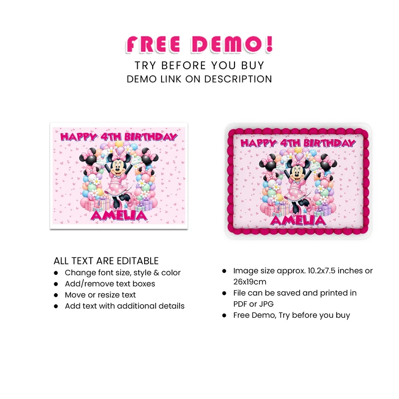 Minnie Mouse Personalized Icing Sheet Cake Topper Images Digital Download