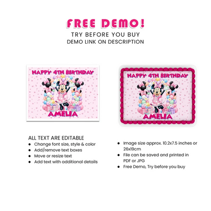 Minnie Mouse Personalized Icing Sheet Cake Topper Images Digital Download