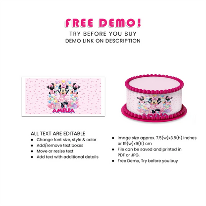 Minnie Mouse Personalized Cake Strips Image Printable Digital Download