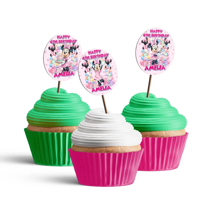 Minnie Mouse personalized cupcake toppers arranged neatly on frosted treats against a neutral backdrop