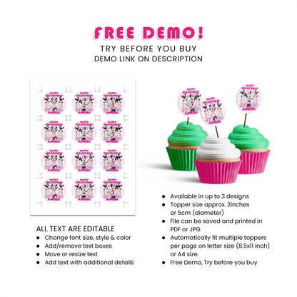 Minnie Mouse Personalized Cupcakes Toppers Digital Download