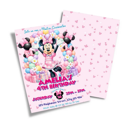 Minnie Mouse birthday card invitations displaying a bright pink template layout on a minimal background