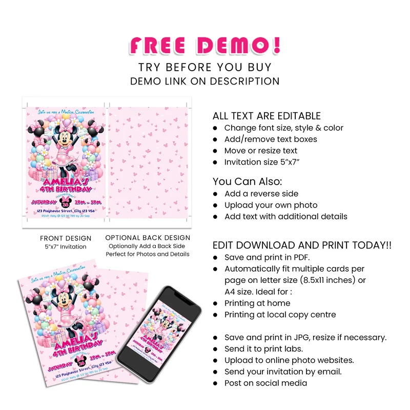 Minnie Mouse Personalized Birthday Card Invitations Printable Digital Download