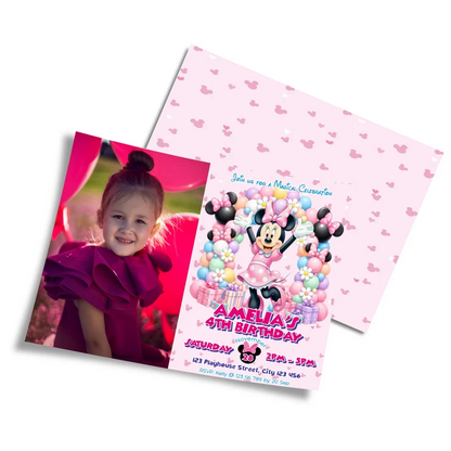 Minnie Mouse photo card invitations featuring a custom picture frame layout on a clean studio background