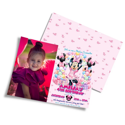 Minnie Mouse photo card invitations featuring a custom picture frame layout on a clean studio background