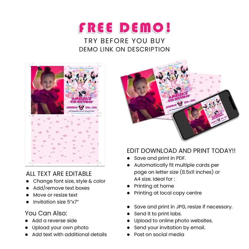 Minnie Mouse Personalized Photo Card Invitations Printable Digital Download