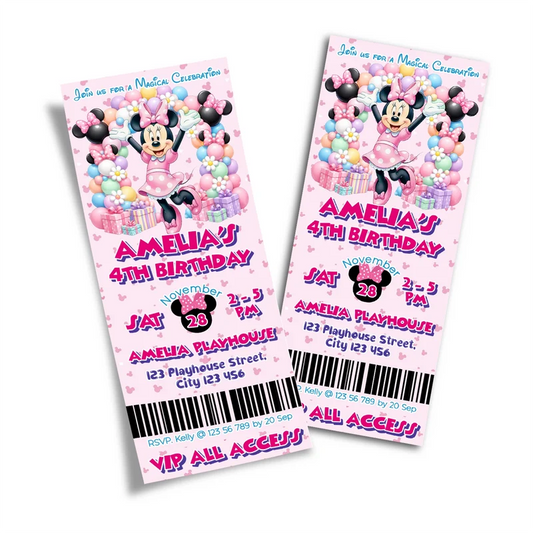 Minnie Mouse birthday ticket invitations showing a vibrant event pass style layout with bold typography