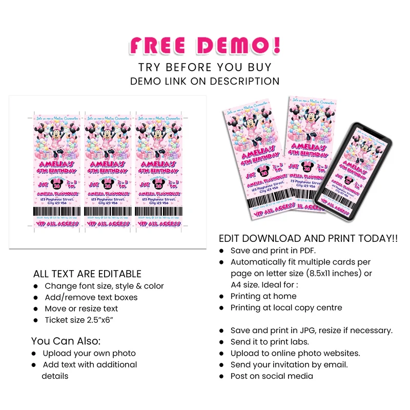 Minnie Mouse Personalized Birthday Ticket Invitations Digital Download