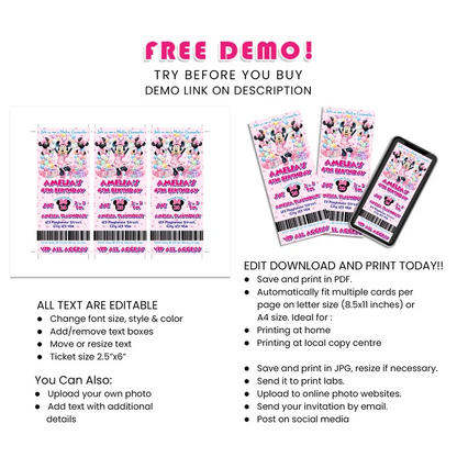 Minnie Mouse Personalized Birthday Ticket Invitations Digital Download