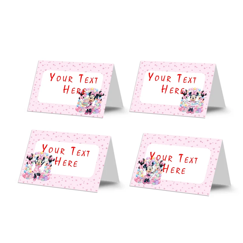 Minnie Mouse food cards showing a collection of vibrant buffet labels arranged on a decorated treat table