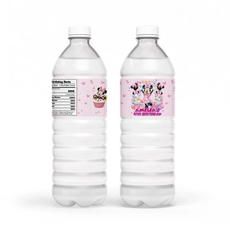 Minnie Mouse water bottle label wrap showing a colorful party theme layout on a clear plastic bottle