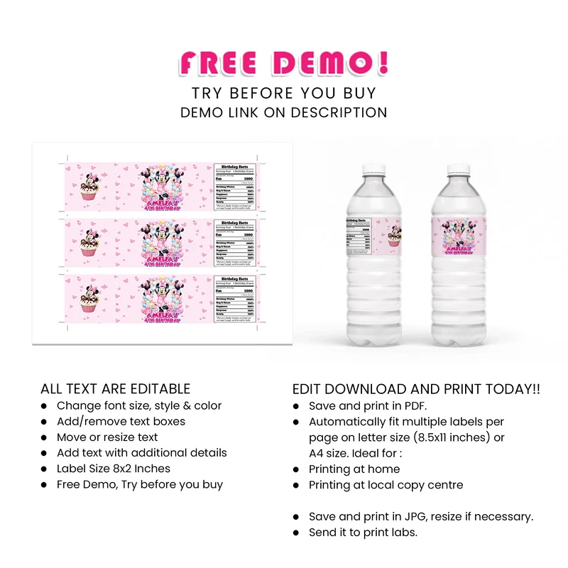 Minnie Mouse Water Bottle Label Printable Digital Download