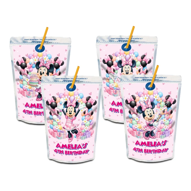 Minnie Mouse juice pouch label mockup featuring a vibrant birthday design attached to a silver pouch