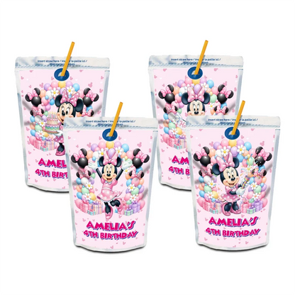 Minnie Mouse juice pouch label mockup featuring a vibrant birthday design attached to a silver pouch