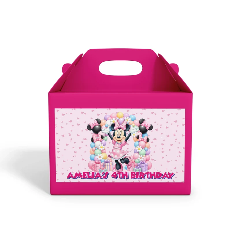 Minnie Mouse treat box label showing a colorful custom design layout on a mini favor box container