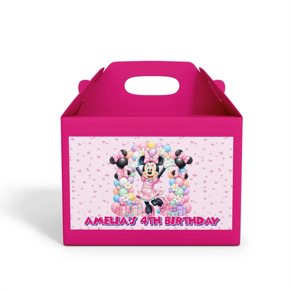 Minnie Mouse treat box label showing a colorful custom design layout on a mini favor box container