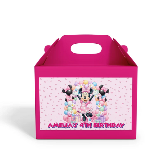 Minnie Mouse treat box label showing a colorful custom design layout on a mini favor box container