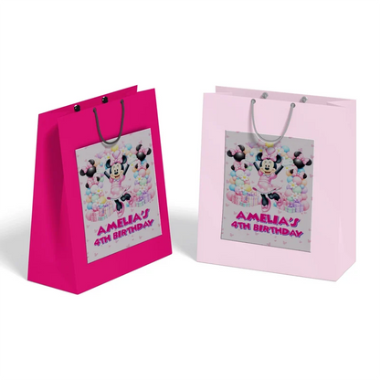 Minnie Mouse goodie bag label featuring a vibrant party theme design applied to a classic paper gift bag