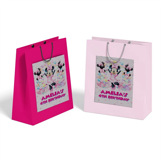 Minnie Mouse goodie bag label featuring a vibrant party theme design applied to a classic paper gift bag