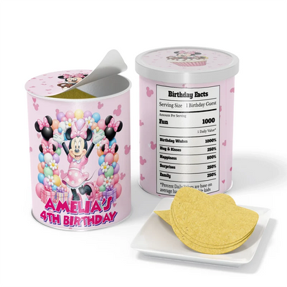 Minnie Mouse small Pringles label wrap with colorful character designs displayed on a miniature snack can